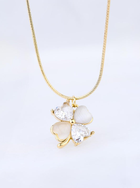 14k Gold Plated Clover Necklace with Acrylic and Crystal Stones
