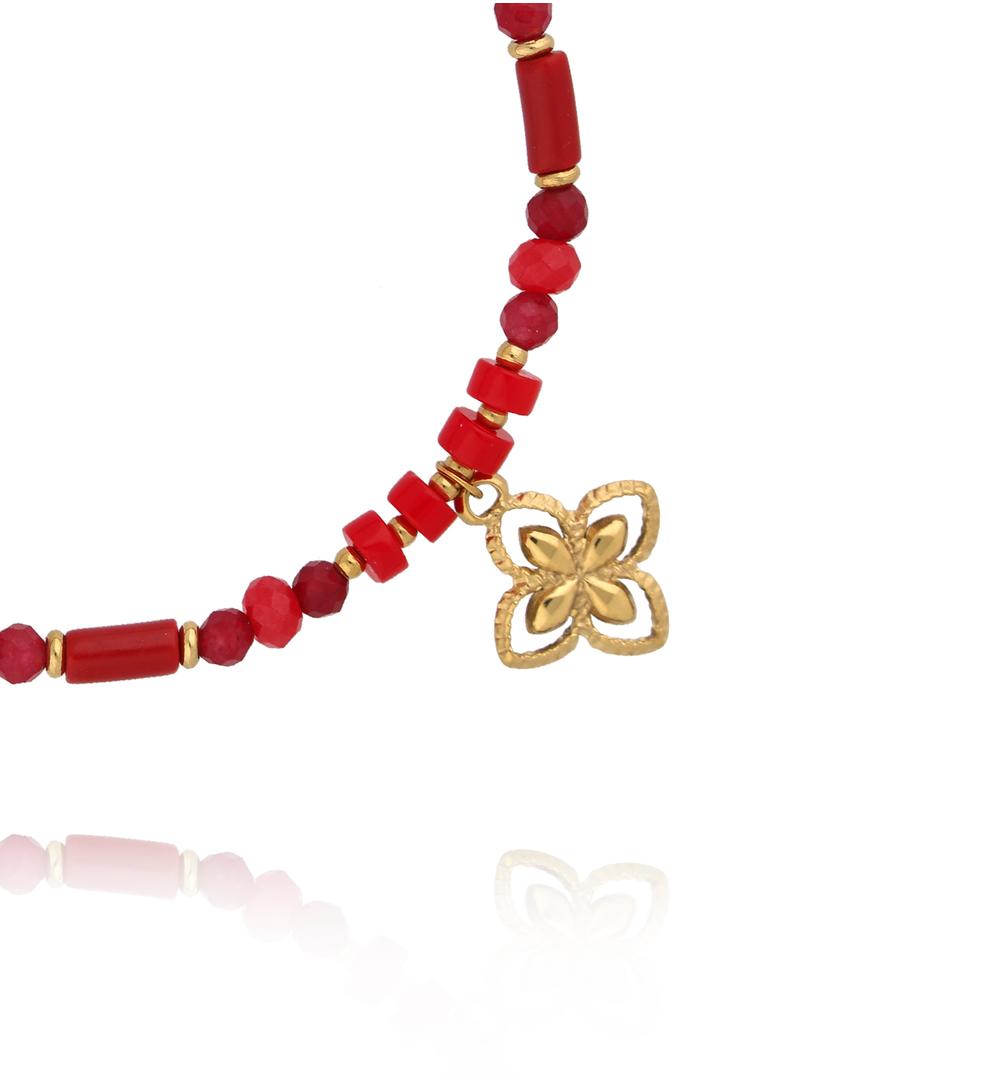Red Coral Bracelet with Gold Clover Twinkle 3489