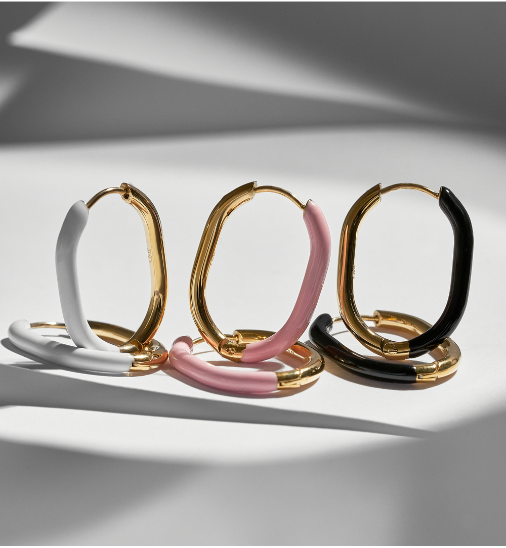 Gold Plated and White Enamel Oval Earrings