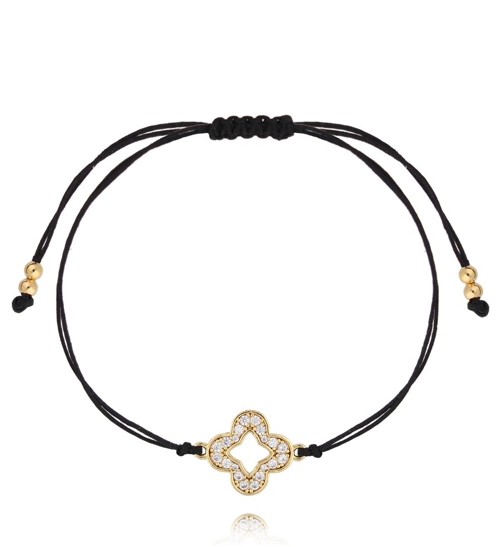 Double Black String Bracelet with Gold Zirconia Clover 1000