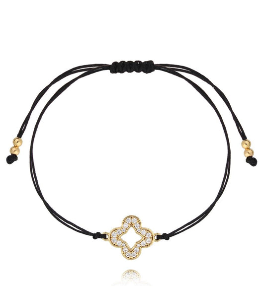 Double Black String Bracelet with Gold Zirconia Clover 1000