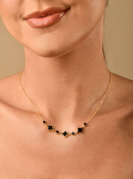 14k Gold Plated Black Clovers & Crystals Necklace