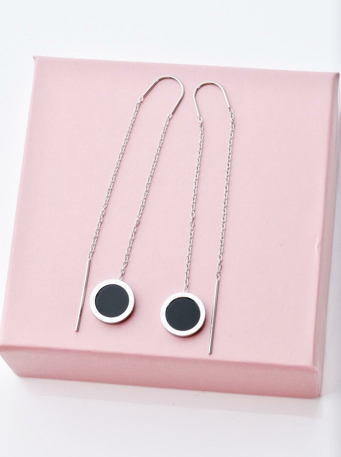 Silver Gold Plated Threader Earrings with Black Enamel Circle