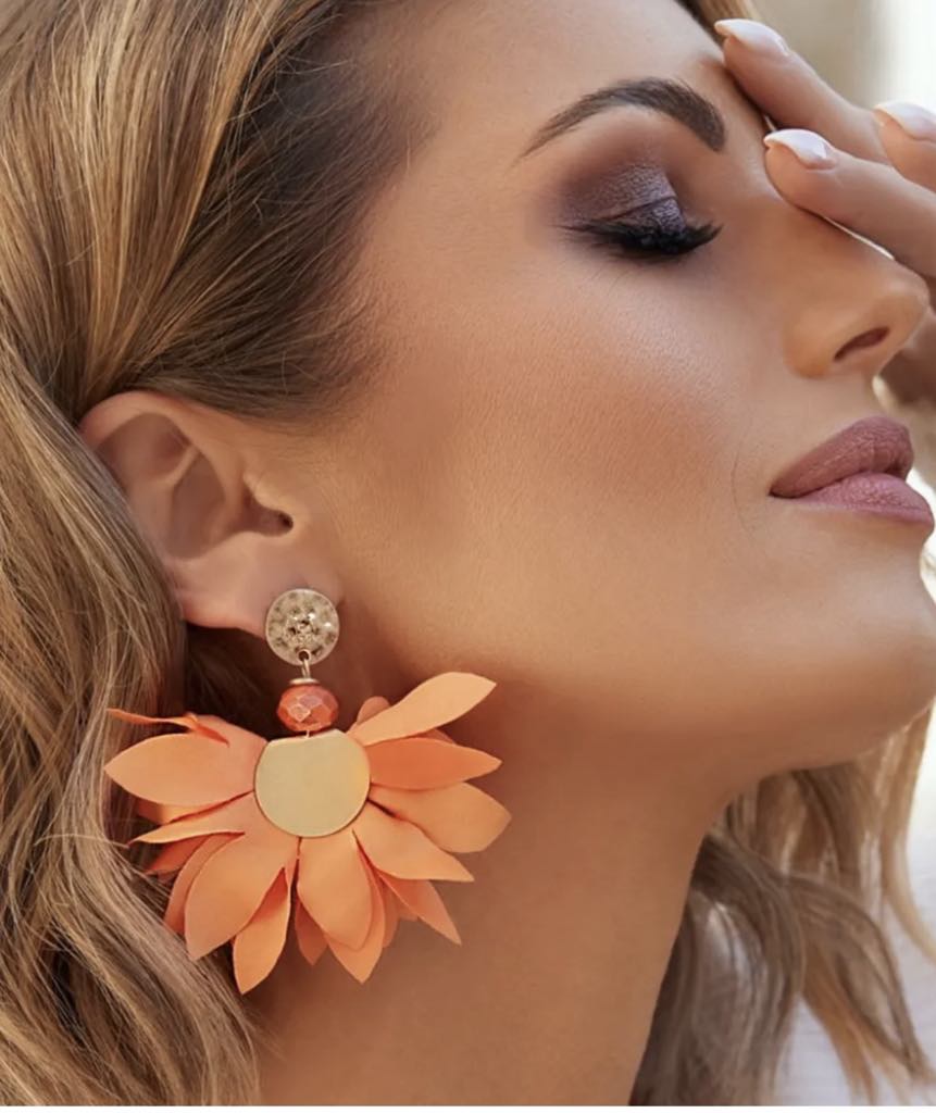 Bright Orange Satin Flower Earrings with Harvest Gold Finishing