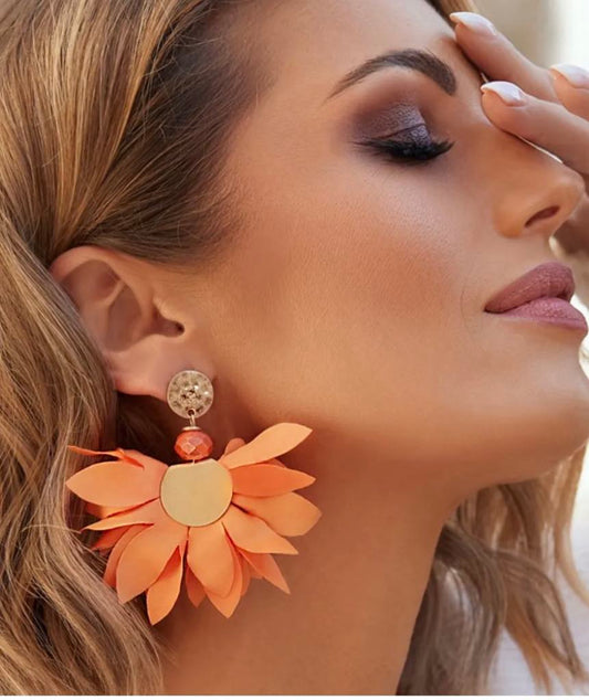 Bright Orange Satin Flower Earrings with Harvest Gold Finishing
