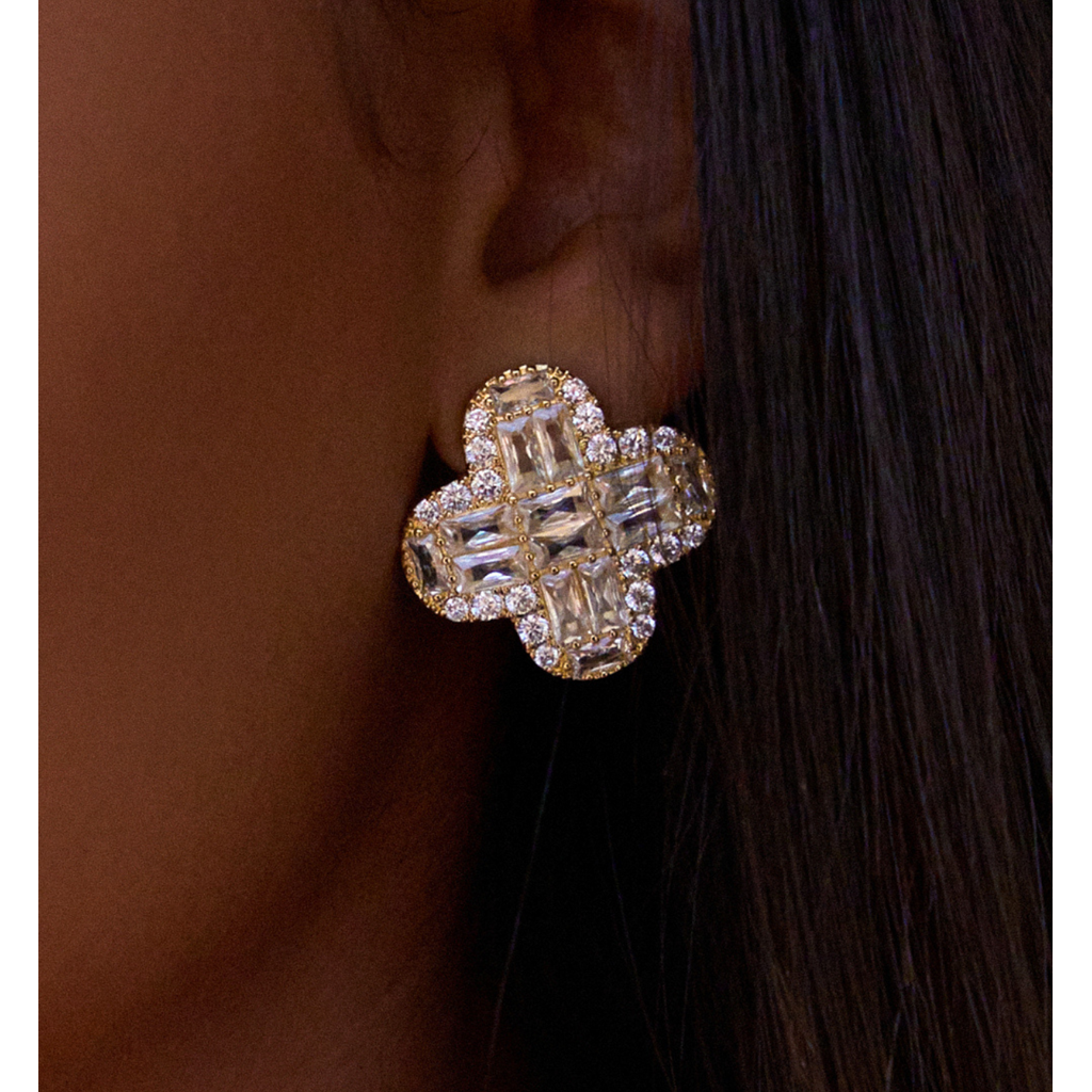 Gold Plated Glamour Crystal Clover Earrings Crystali