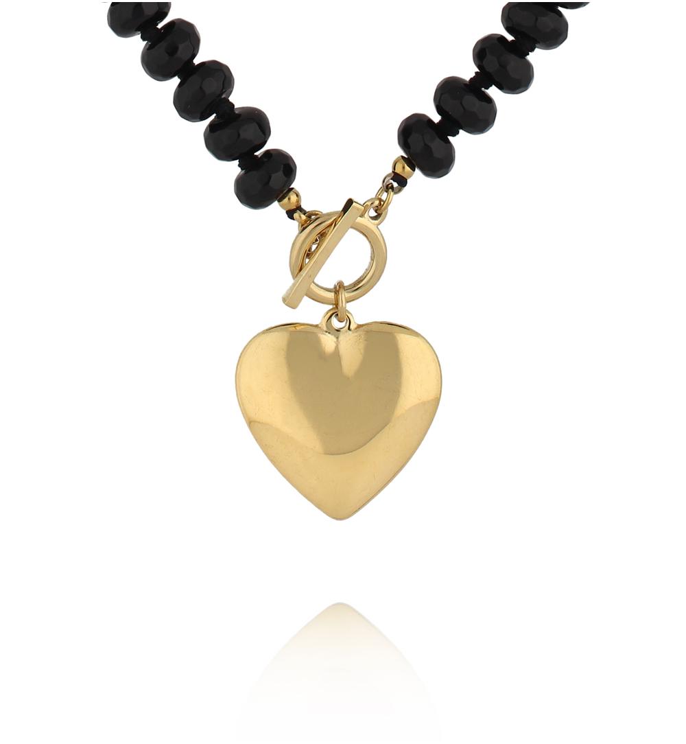 Glam Rock Black Agate Stones Necklace with Gold Heart