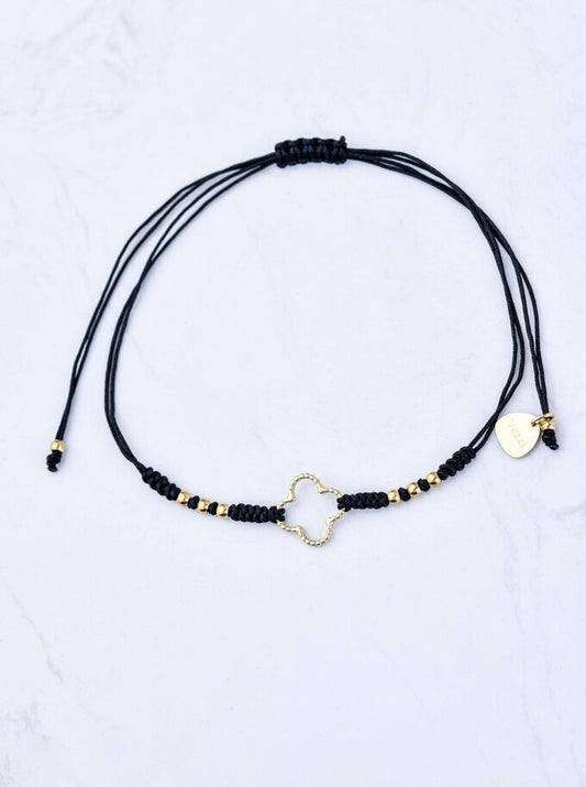Good Luck Black String Bracelet with Gold Plated Clover