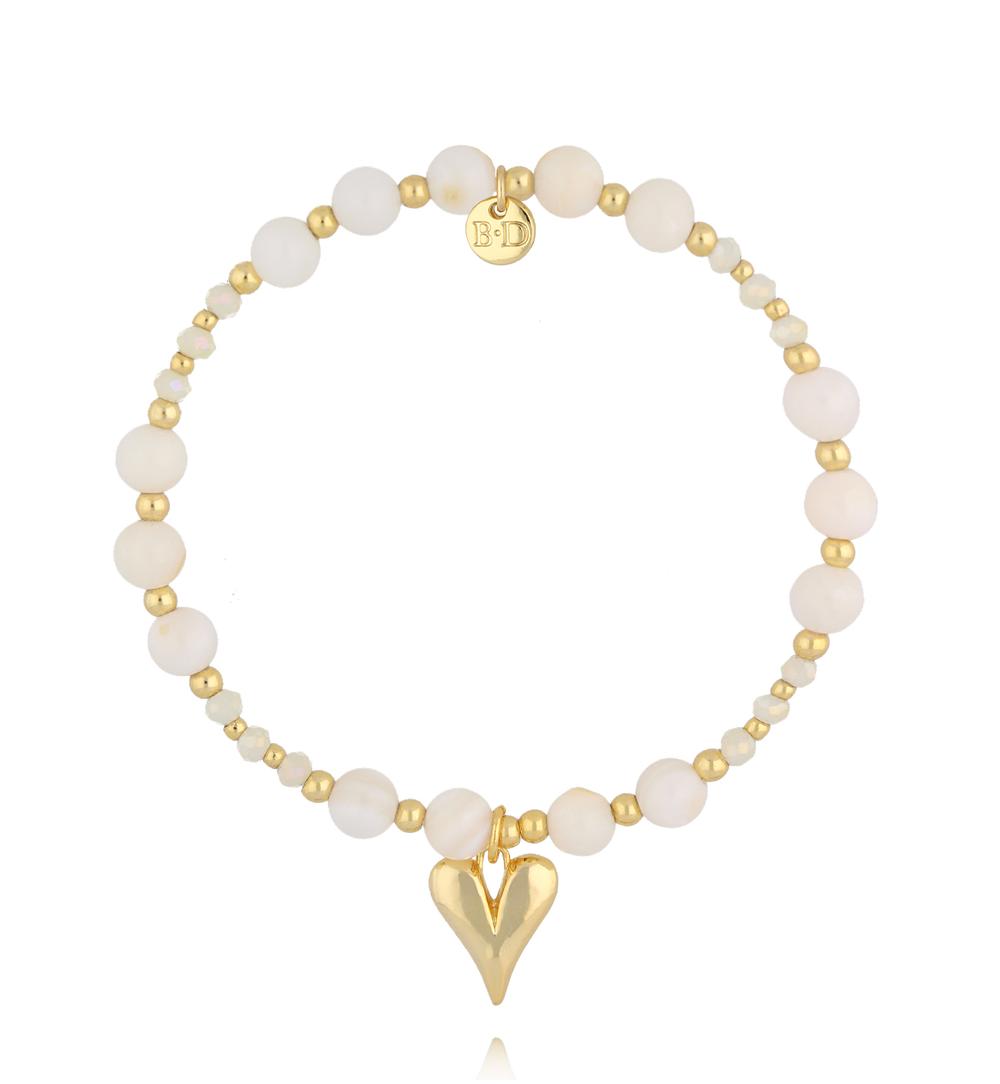 White Sea Shell Stones Bracelet with Gold Heart Pendant 2377