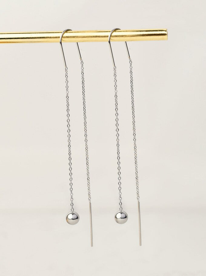 Silver Dangle Threader Earrings with Ball