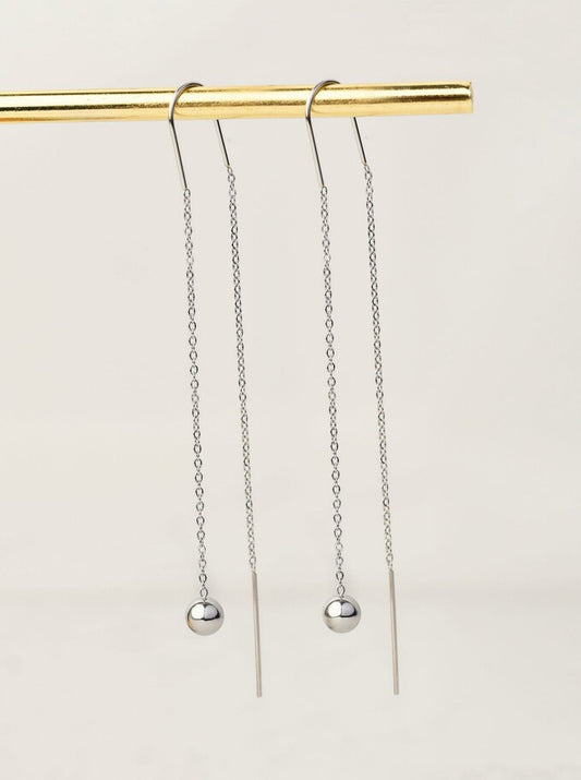 Silver Dangle Threader Earrings with Ball