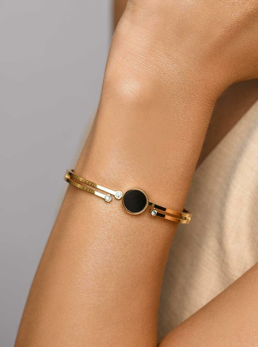 Gold Plated Oval Bracelet with with Crystals and Black Enamel Circle