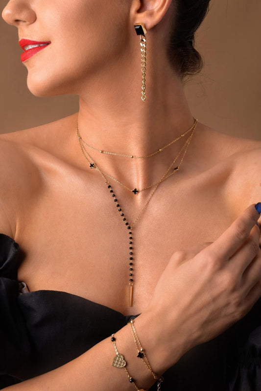 Gold Plated One Side Black Crystals Y Necklace