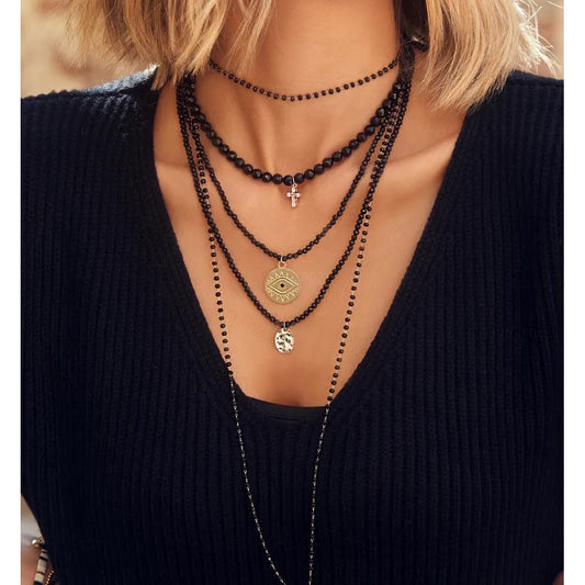 Black Tourmaline Stones Necklace with Evil Eye Round Pendant