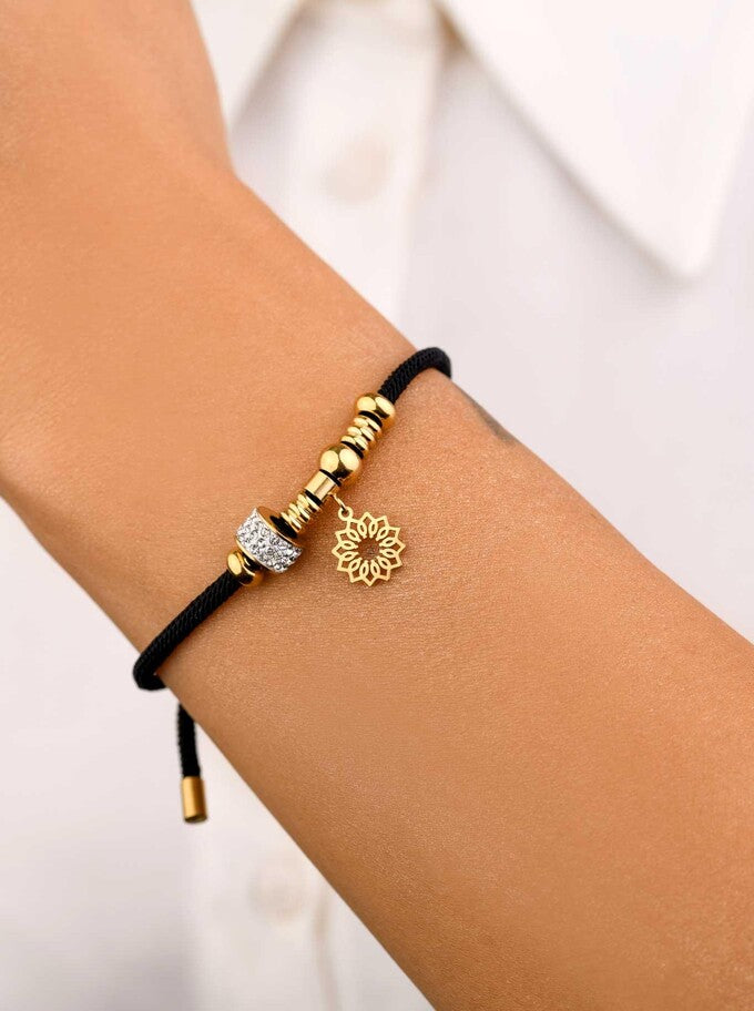 Lucky Black String Bracelet with Crystal Charm and Rosette Pendant