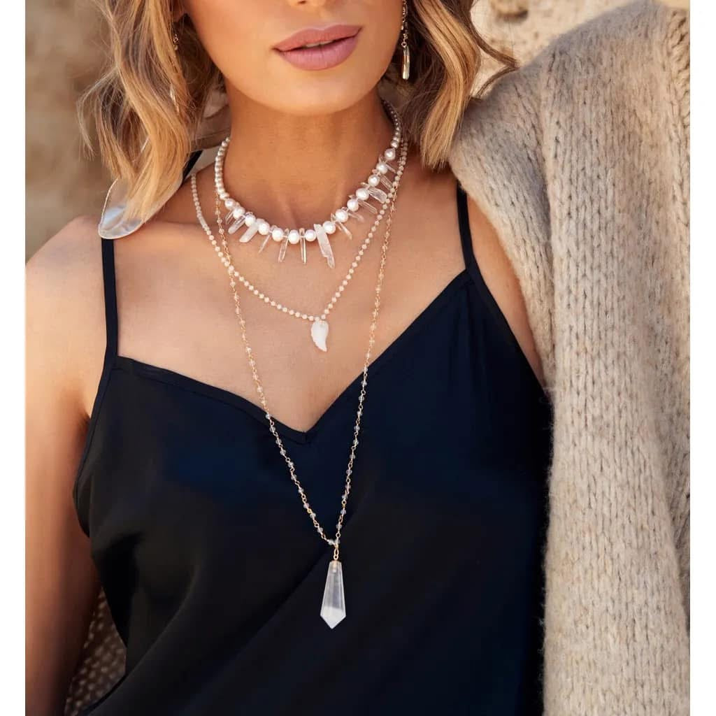 Long White Frosted Crystals Necklace with Himalayan Stone