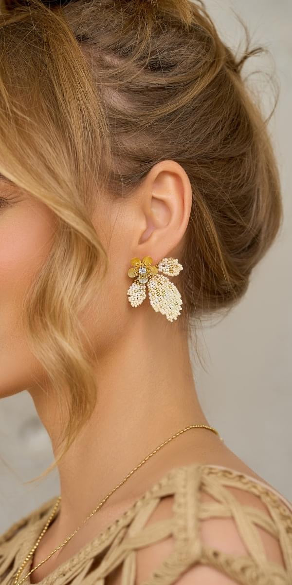 Cream Floral Leaf Earrings and Glass Crystals