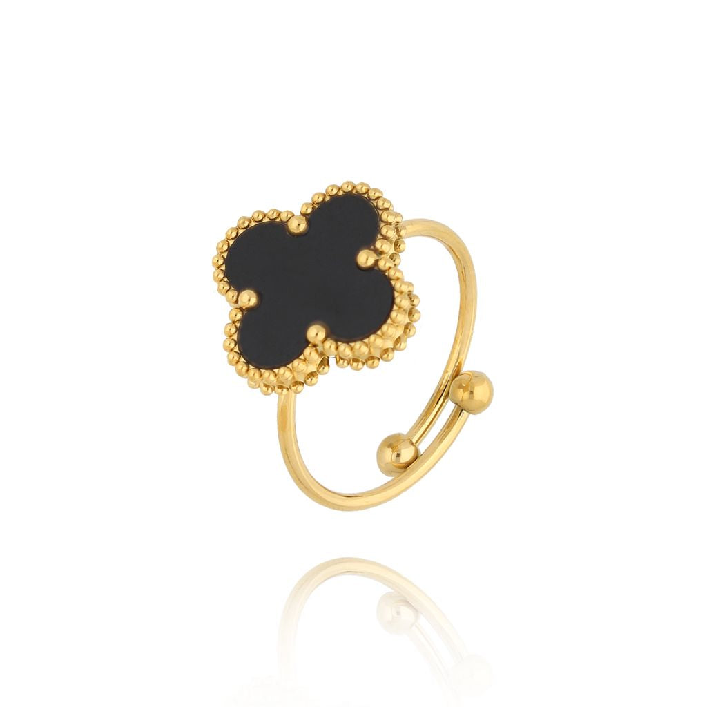 Gold Plated Ring with Black Enamel Clover