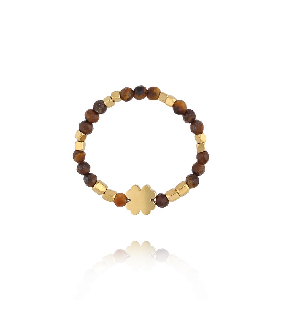 Tigers Eye Stones Elastic Ring with Gold Clover 0765