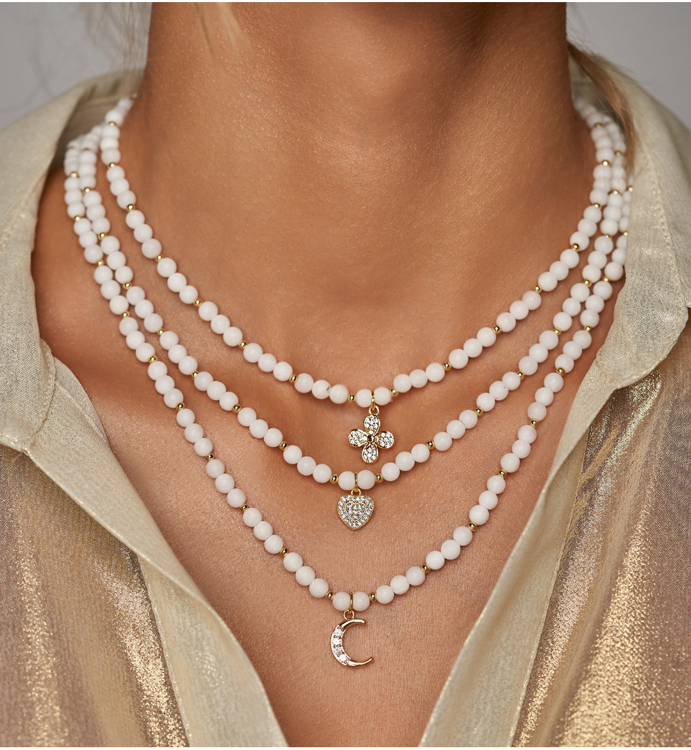 White Jadeite Stones Necklace with Crystals Clover 1103
