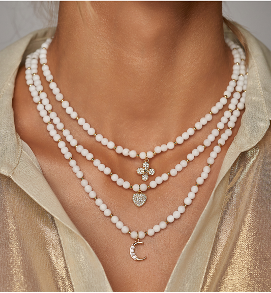 White Jadeite Stones Necklace with Crystals Clover 1103
