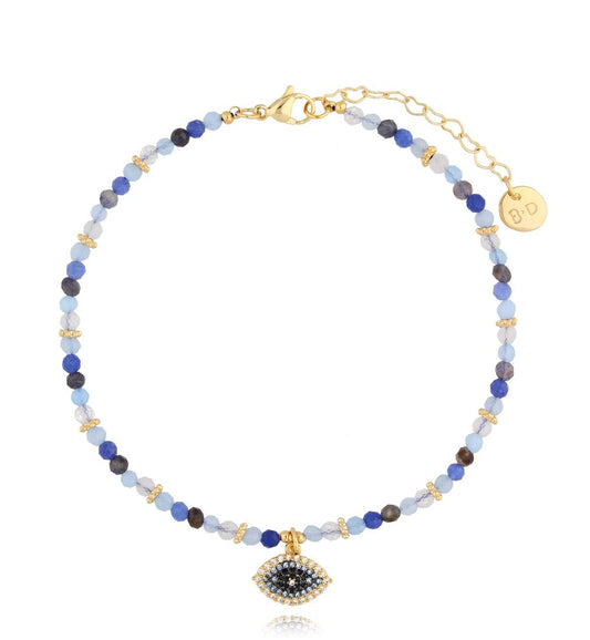 Aquamarine and White Jadeite Stones Anklet with Evil Eye Pendant