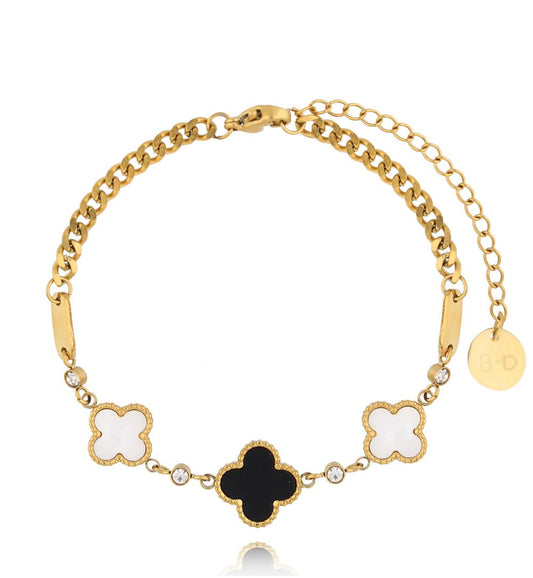 Gold Plated Black and White Clovers Bracelet 0121