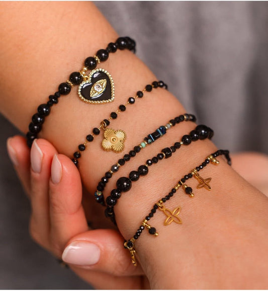 Black and Tourmaline Stones Bracelet with Crystal Evil Eye Pendant