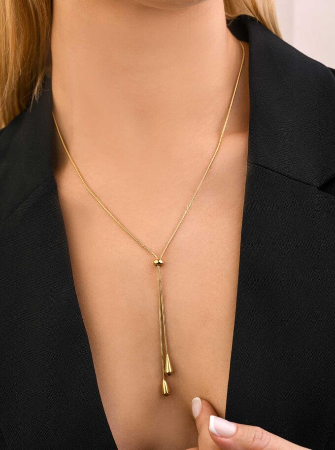 14k Gold Plated Adjustable Lariat Necklace with Two Teardrops