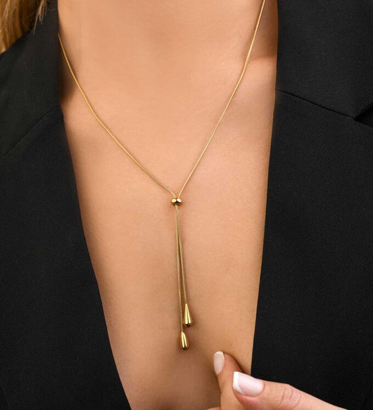 14k Gold Plated Adjustable Lariat Necklace with Two Teardrops