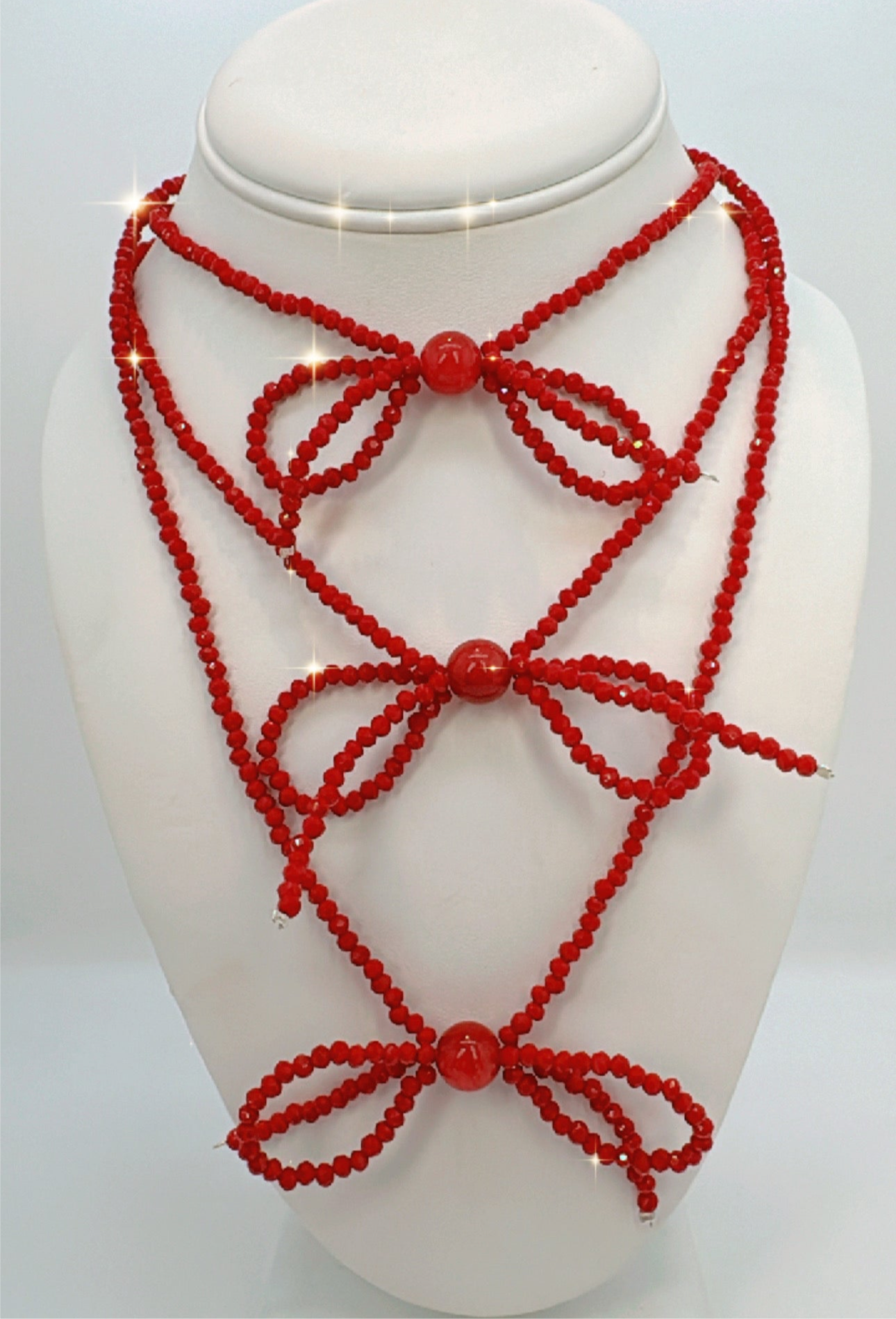 Hot Red Glass Crystals Bow Necklace