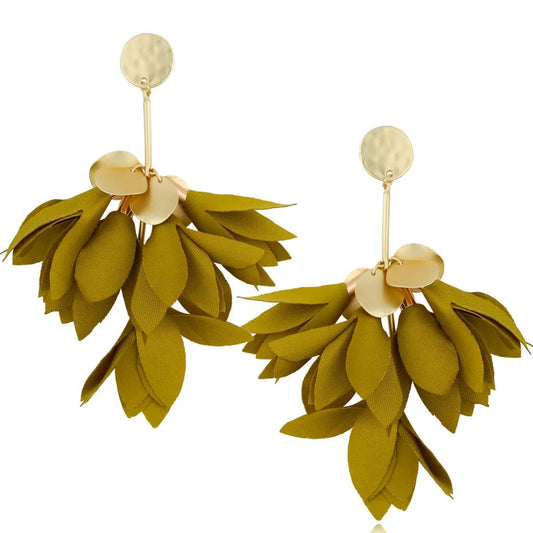 Olive Green Satin Blossom Flower Earrings with Gold Finishing