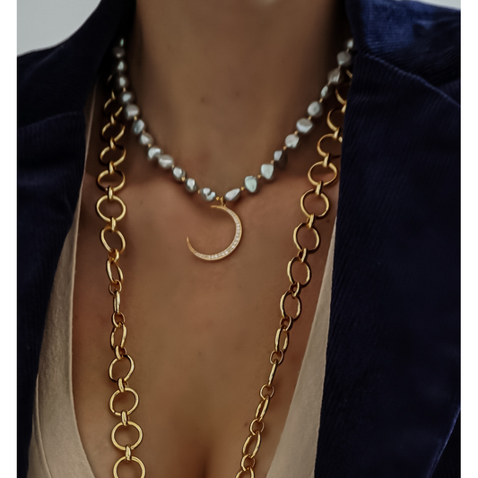 Gray Pearls Necklace with Zircon Moon Pendant