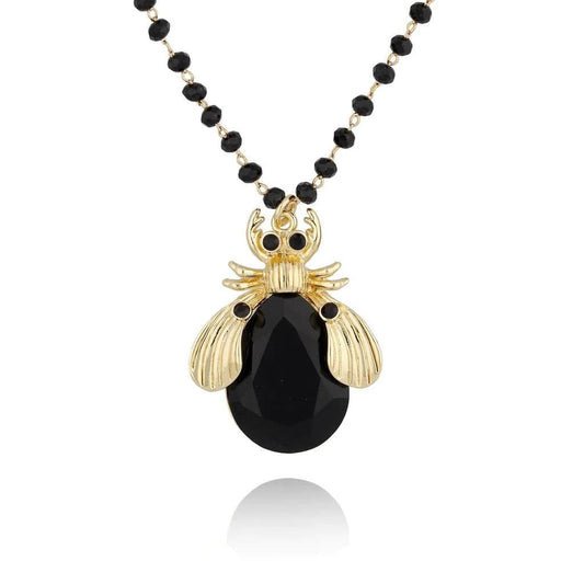 Long Black Crystal Necklace with Black Beetle Midnight
