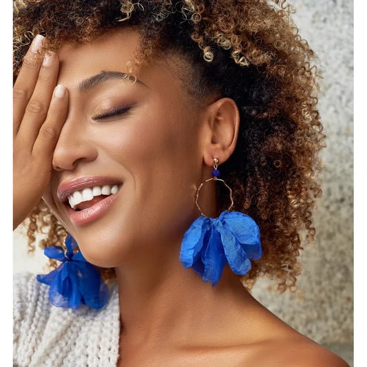 Silk Flower Royal Blue Ring Earrings
