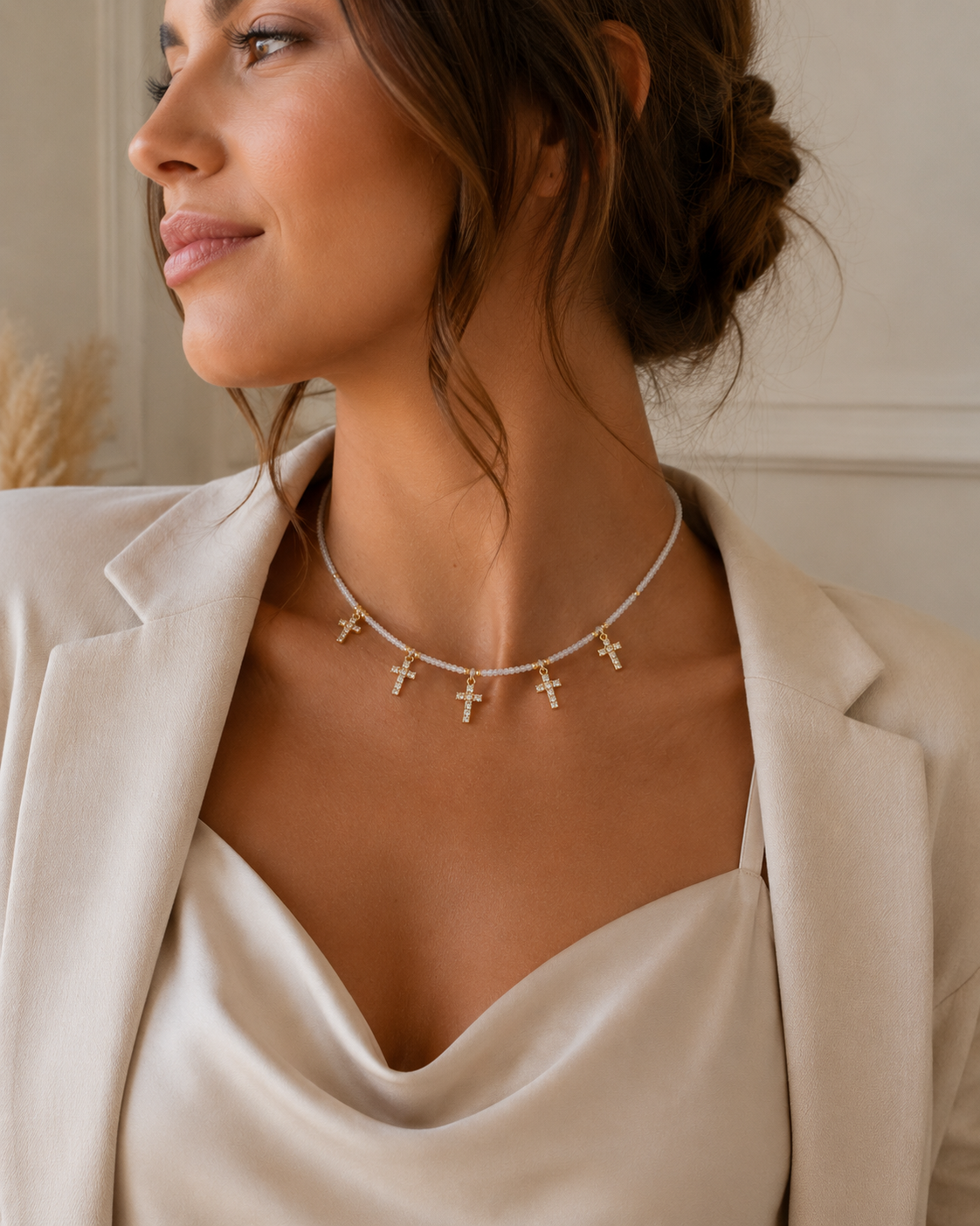 Snow White Stones Necklace with Zirconia Crosses