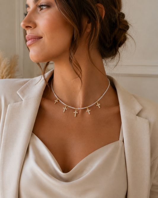 Snow White Stones Necklace with Zirconia Crosses