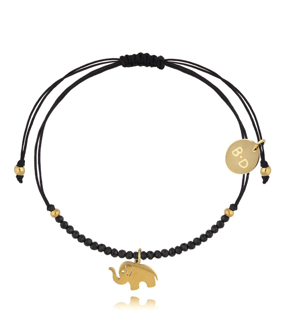 Black String & Tourmaline Stones Bracelet with Lucky Elephant 0102