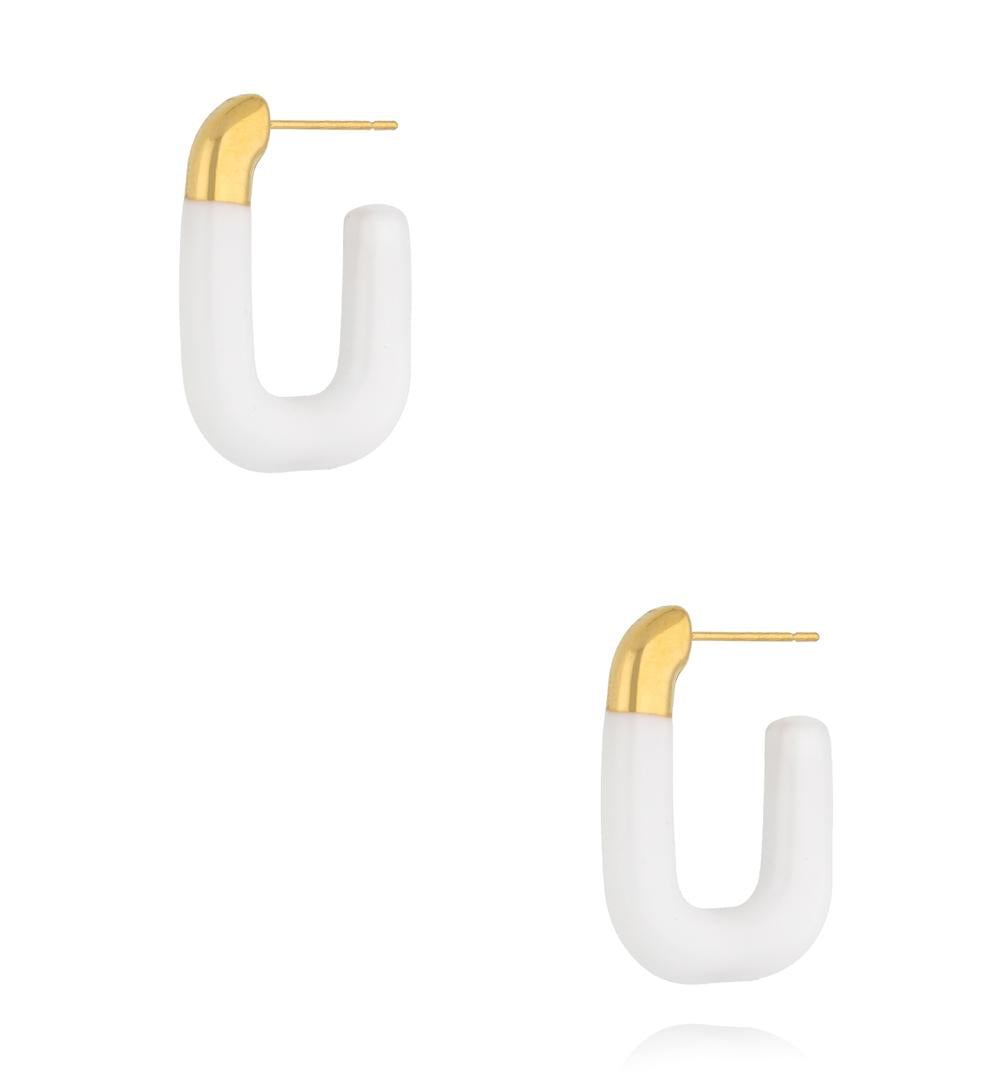 Gold Plated Oval Earrings with White Enamel