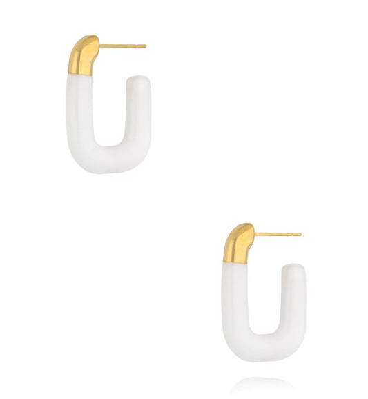Gold Plated Oval Earrings with White Enamel