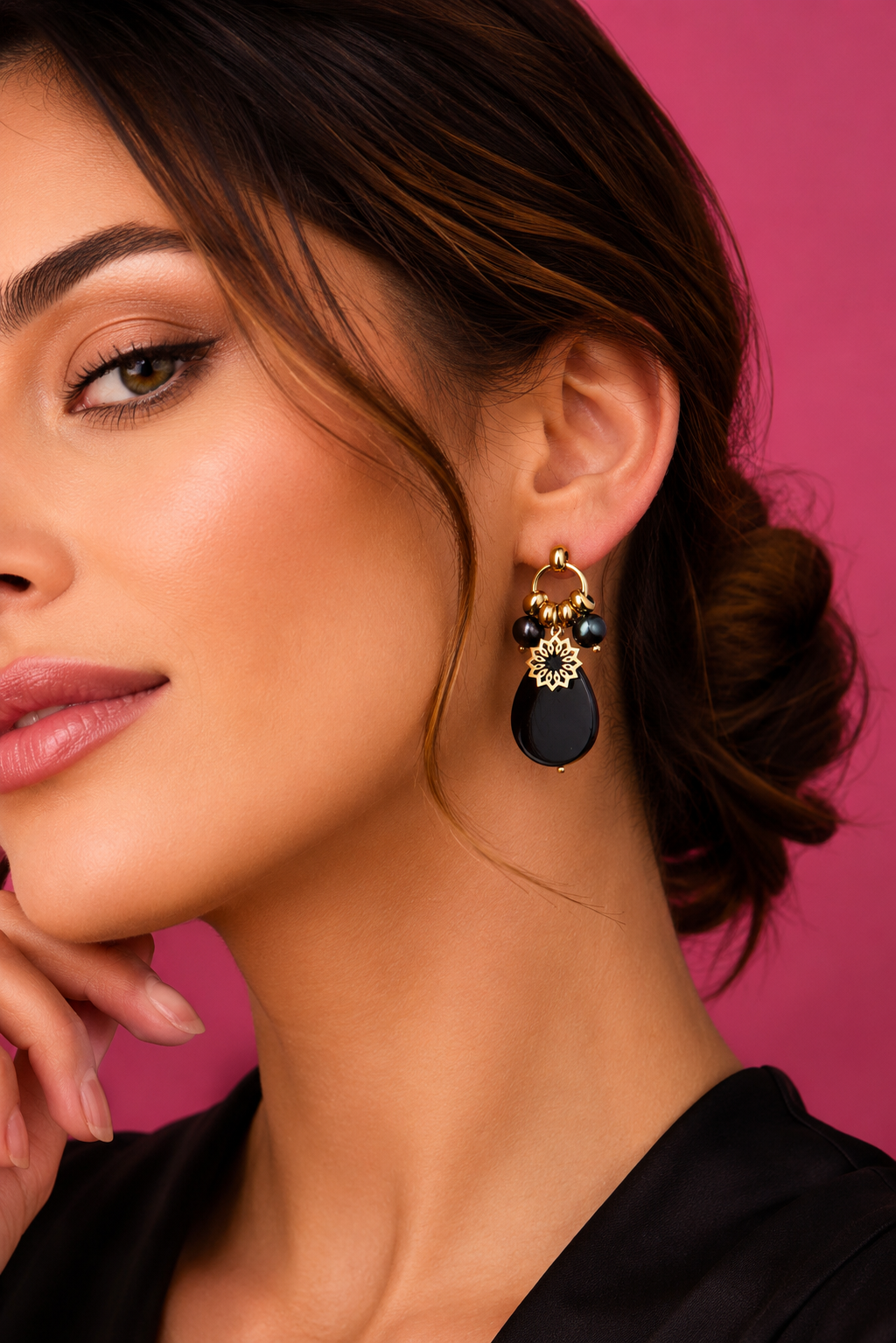 Gold Plated Earrings with Black Seashell and Flower Pendant