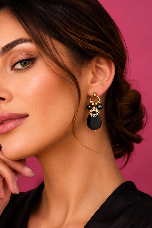 Gold Plated Earrings with Black Seashell and Flower Pendant