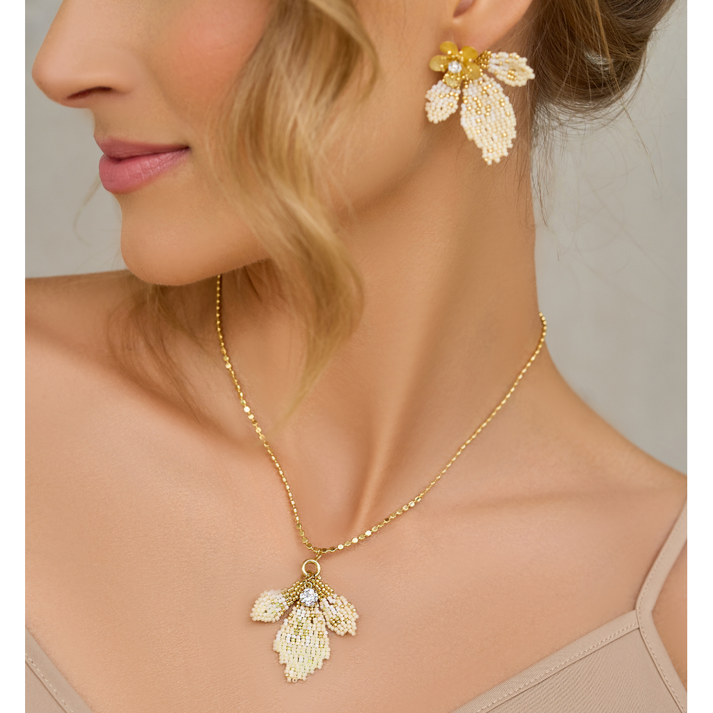 Cream Floral Leaf Earrings and Glass Crystals