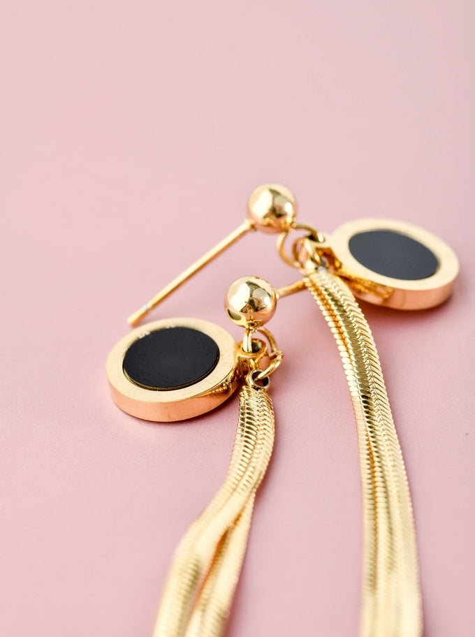 Gold Plated Double Snake Chain Earrings with Black Enamel Circle