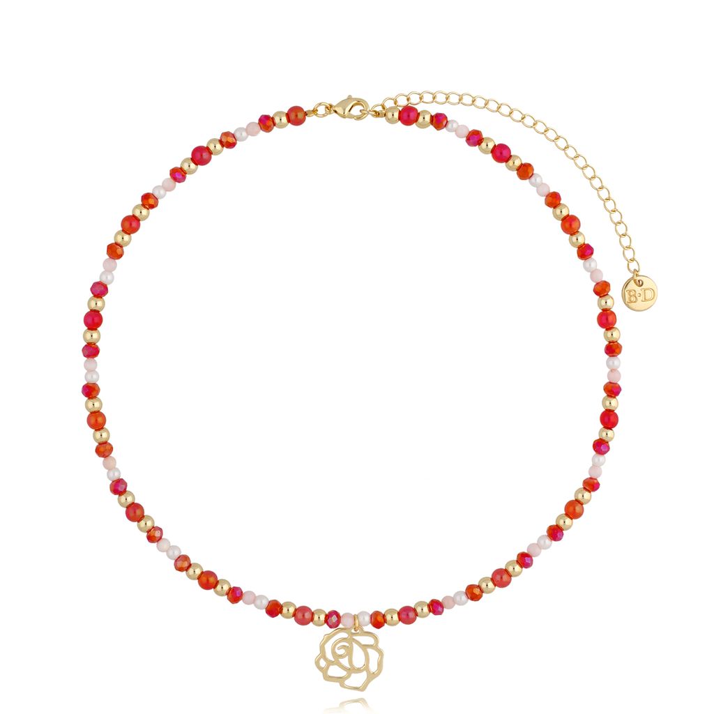 Red Rose Necklace with Red & Light Pink Glass Beads