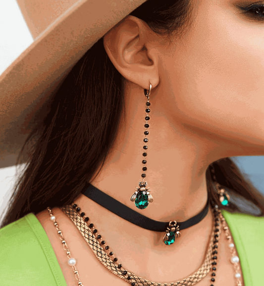 Long Black Crystal Earrings with Emerald Green Beetle Midnight