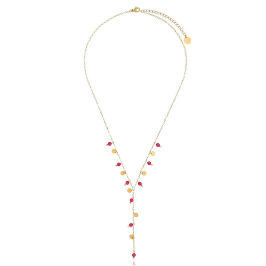 Gold Plated Fuchsia Y Necklace with Gold Discs Incantatio