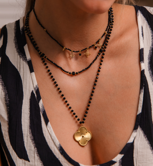 Gold Plated Black Tourmaline Stones Necklace with Gold Plated Lily Flowers