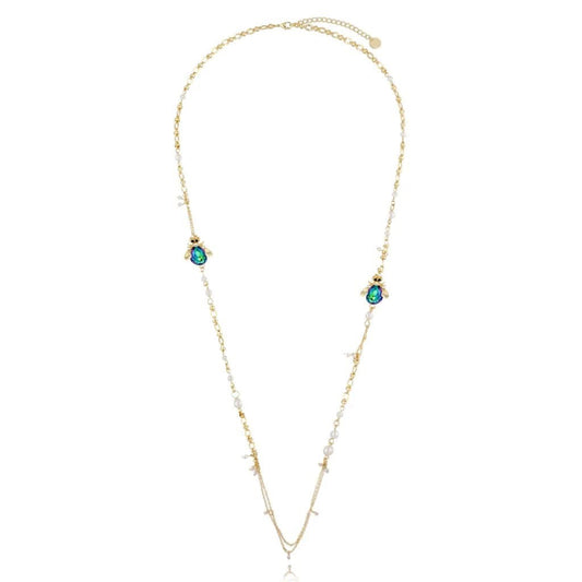 Midnight Forest Long Necklace with Ocean Green Beetles and Pearls