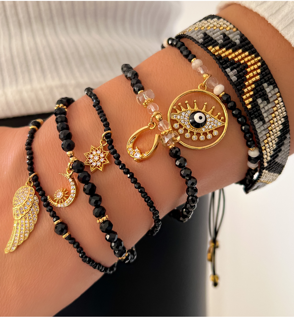 Black Tourmaline Stones Bracelet with Horseshoe Pendant Herradura 1356